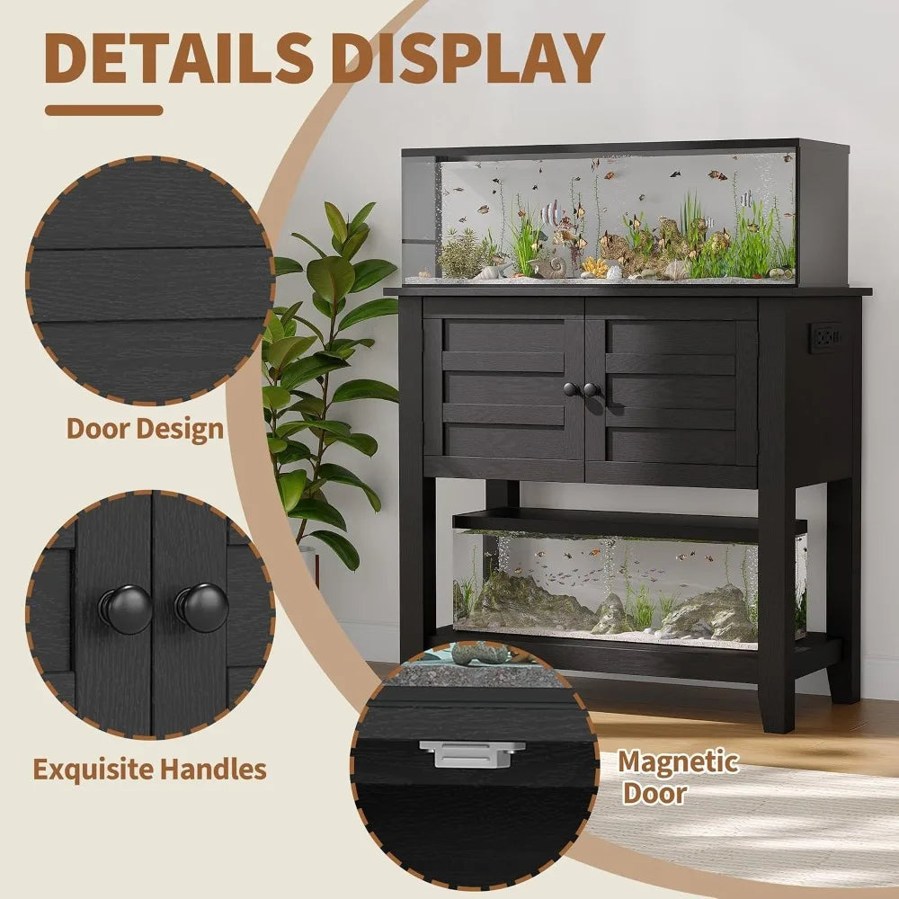 Heavy-Duty Aquarium Stand Cabinet with Built-in Charging Station - Double Magnetic Doors 2-Tier Shelves 660 lb. Steel Frame 20-29 Gal  with Anti-Tip Design