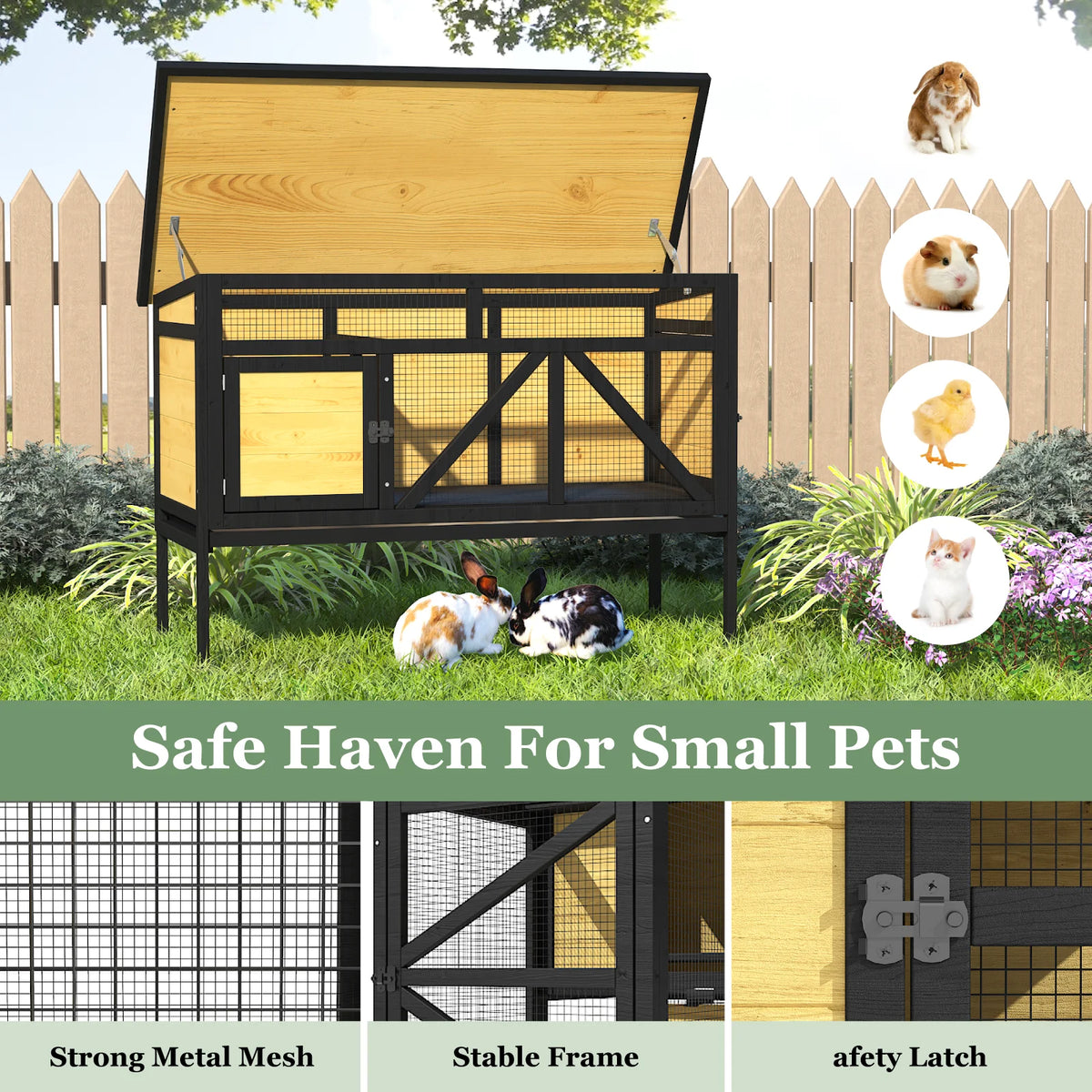 Elevated Small Animal Habitat with Double Doors, Leak-Proof Tray & Asphalt Roof, Indoor/Outdoor