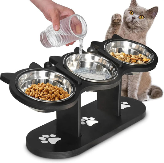 Elevated, Raised Cat Food Bowls For Indoor Cats, Adjustable Heights  With Black Shelf, 3 Stainless Steel Elevated Cat Bowls With 15°Tilted