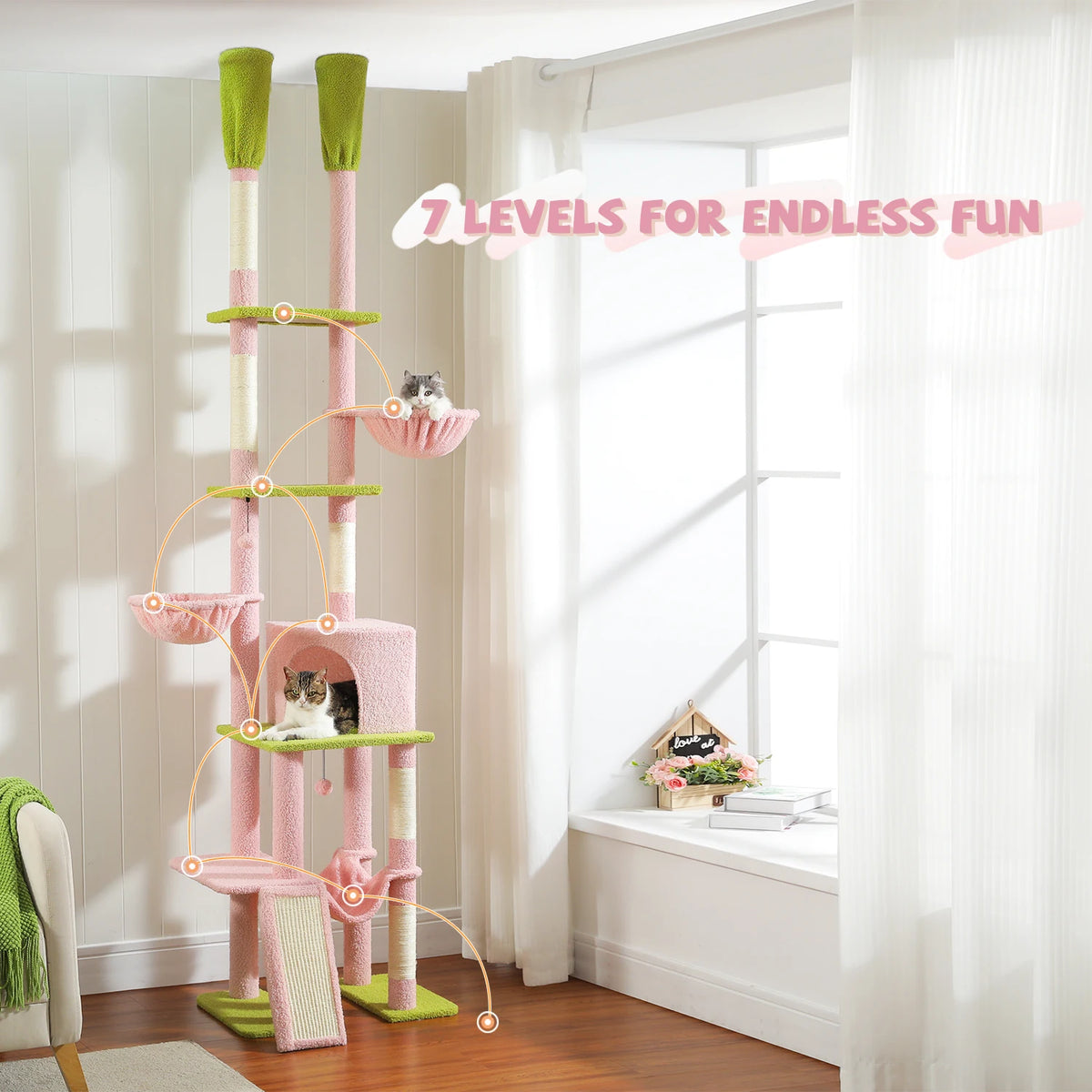 Cactus Cat Tree - Floor to Ceiling Tower 7 Tiers Cat Climbing Tree - 5 Platforms Scratching Posts