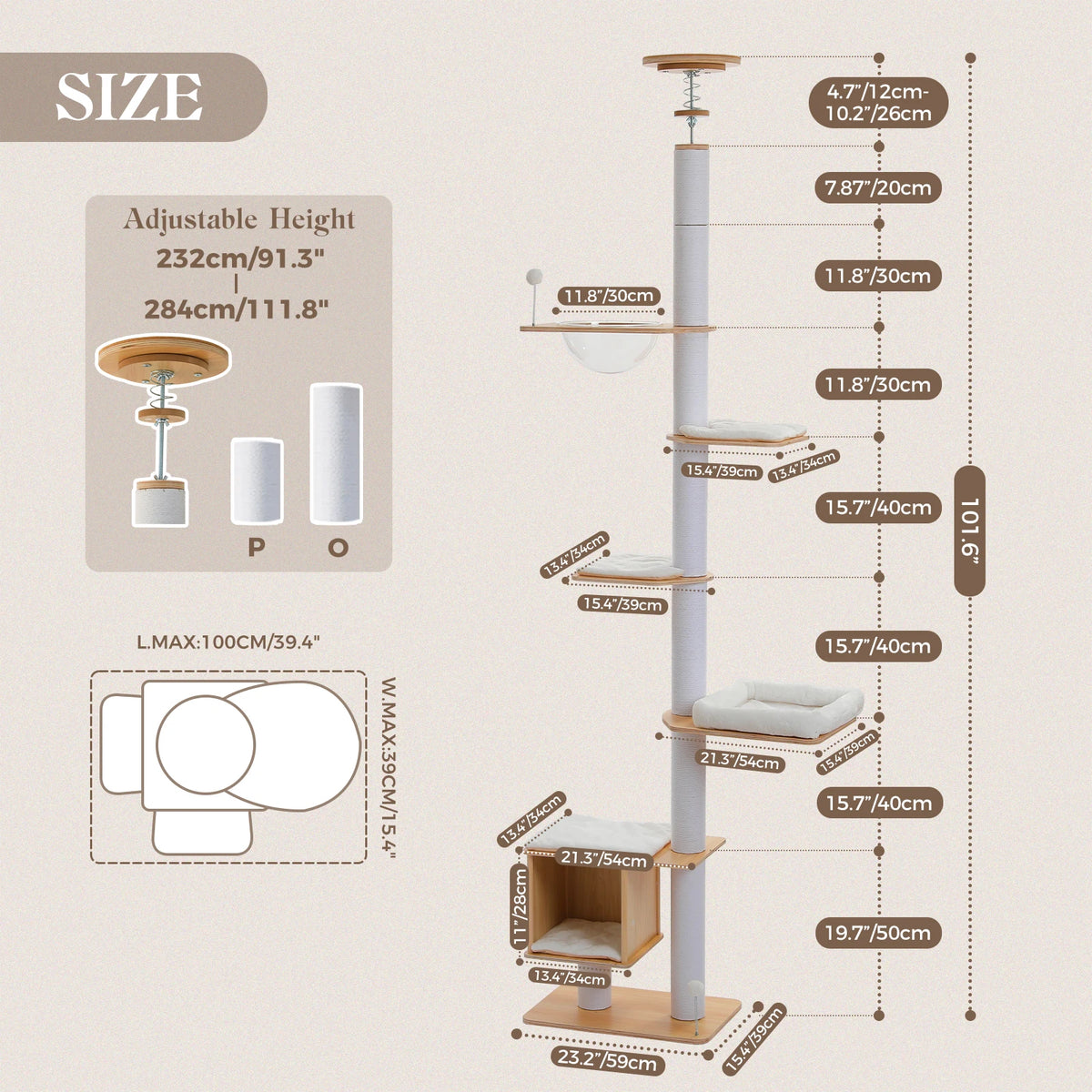 Floor to Ceiling Tree for Indoor Height Adjustable Cat Tower with Sisal Scratching Posts - Washable Mats