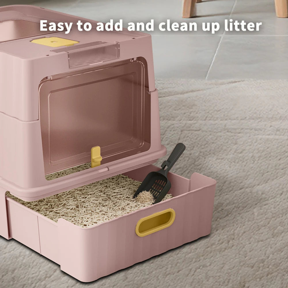 Large Cat Litter Box With Pull-Out Drawer, Fully Covered For Privacy & Odor Control, Front Entry & Top Exit, Leak-Resistant And Easy-Clean Tray