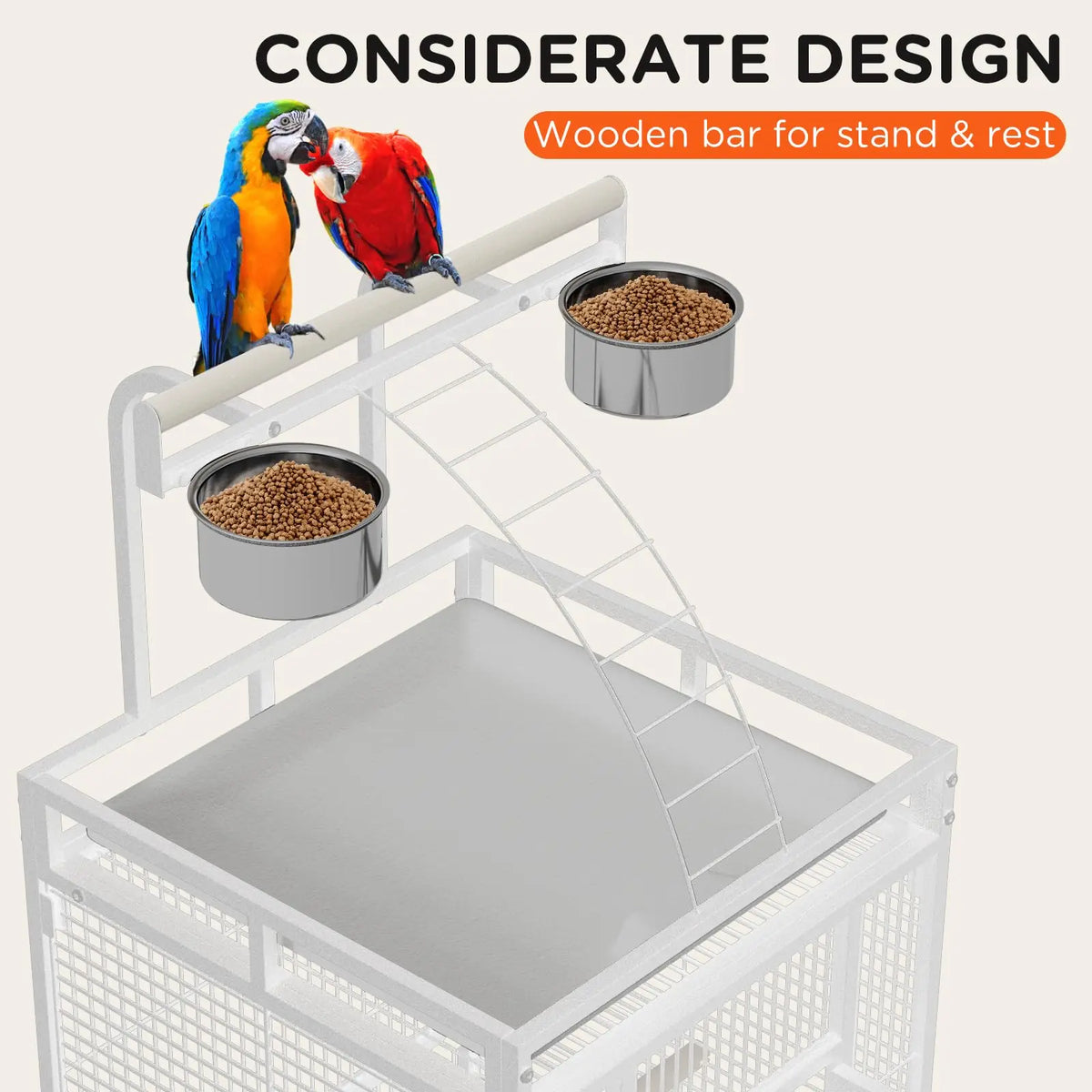 60 In. Wrought Iron Bird Cage with Play Top & Rolling Stand - 4 Stainless Steel Bowls, Secure Lock, Easy-Clean Tray - Spacious Metal Cage