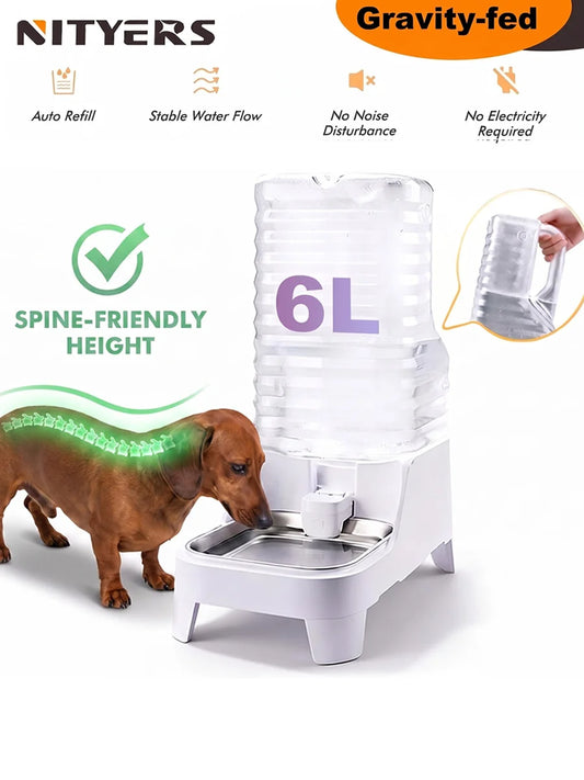 NITYERS 6L Gravity Pet Water Dispenser - Large Capacity Automatic Water Bowl -  Raised Elevated Pet Water Fountain