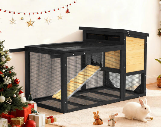 47.2" Outdoor Wooden Rabbit Hutch, 2-Tier Mobile Bunny Cage on Wheels with Double Doors, Waterproof Roof, Pull-Out Tray