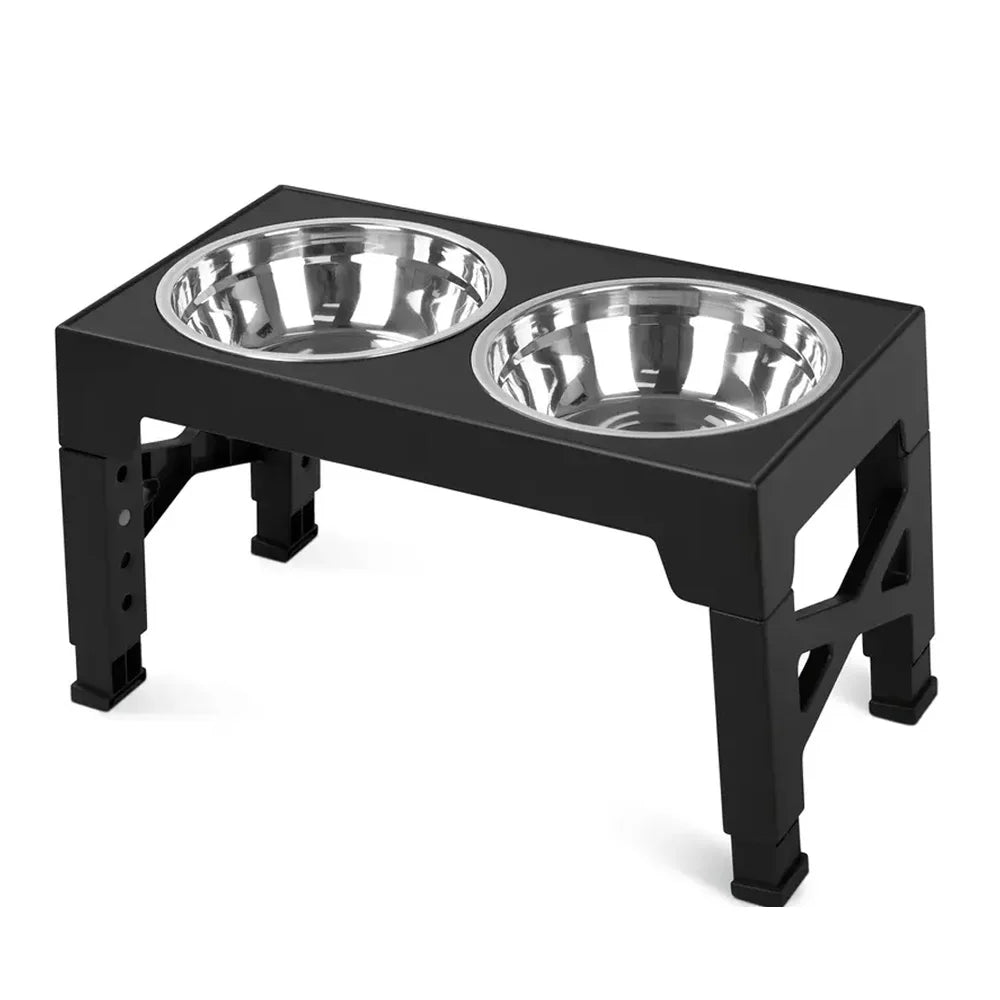 Elevated Dog Feeder With Adjustable Raised Stand Includes Double Stainless Steel Food Water Bowls