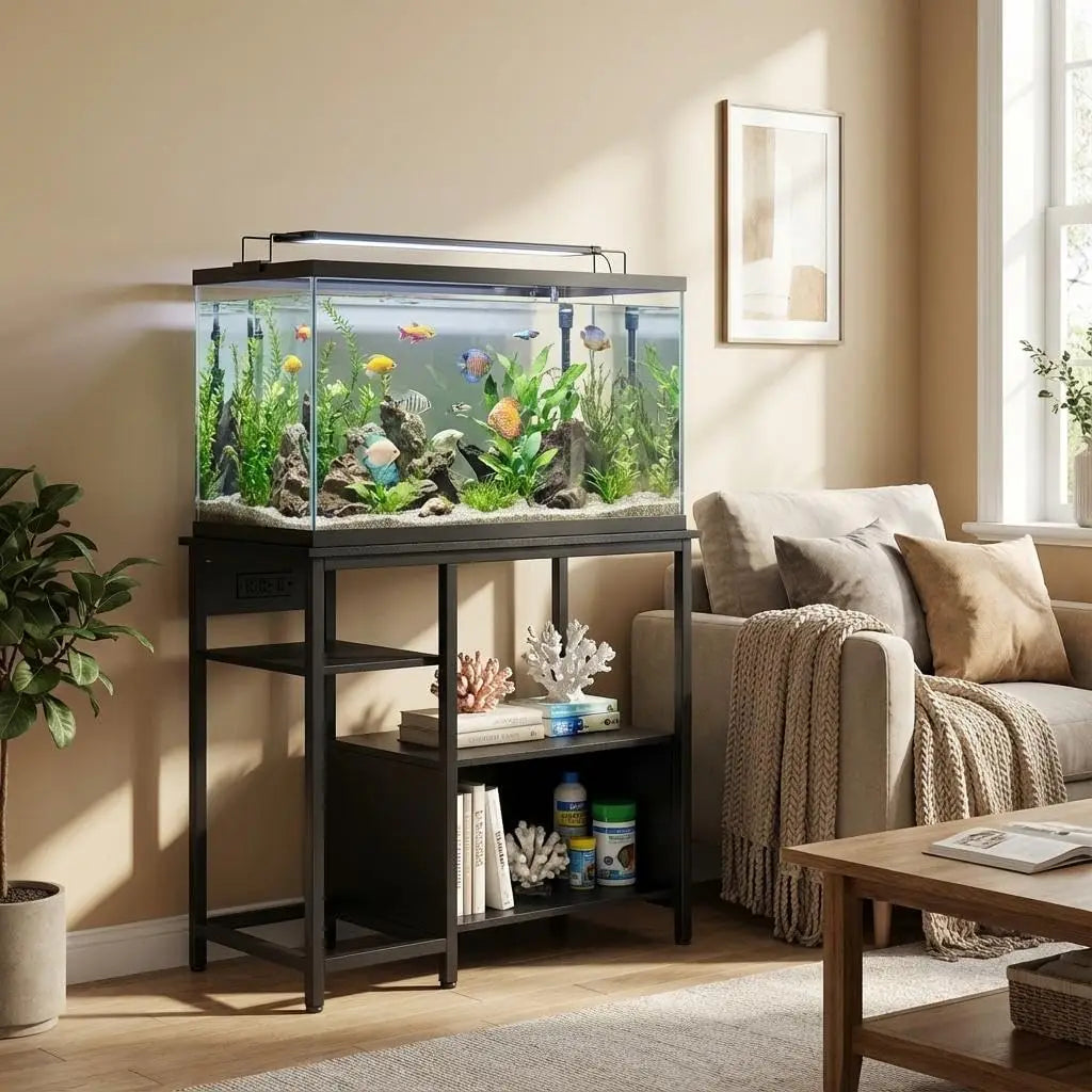 40-50 Gallon Aquarium Stand with Power Outlets – Heavy-Duty Metal & Wood Fish Tank Stand, 4-Tier Open Storage Shelves - 36.6" × 18.9" × 30.7"