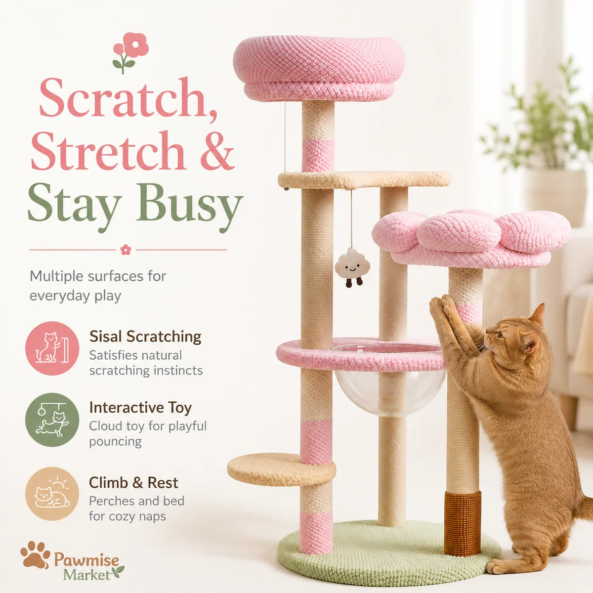 Pink Flower Cat Tree for Indoor Cats, 51.18-Inch Multi-Level Cat Tower with Soft Plush Perches
