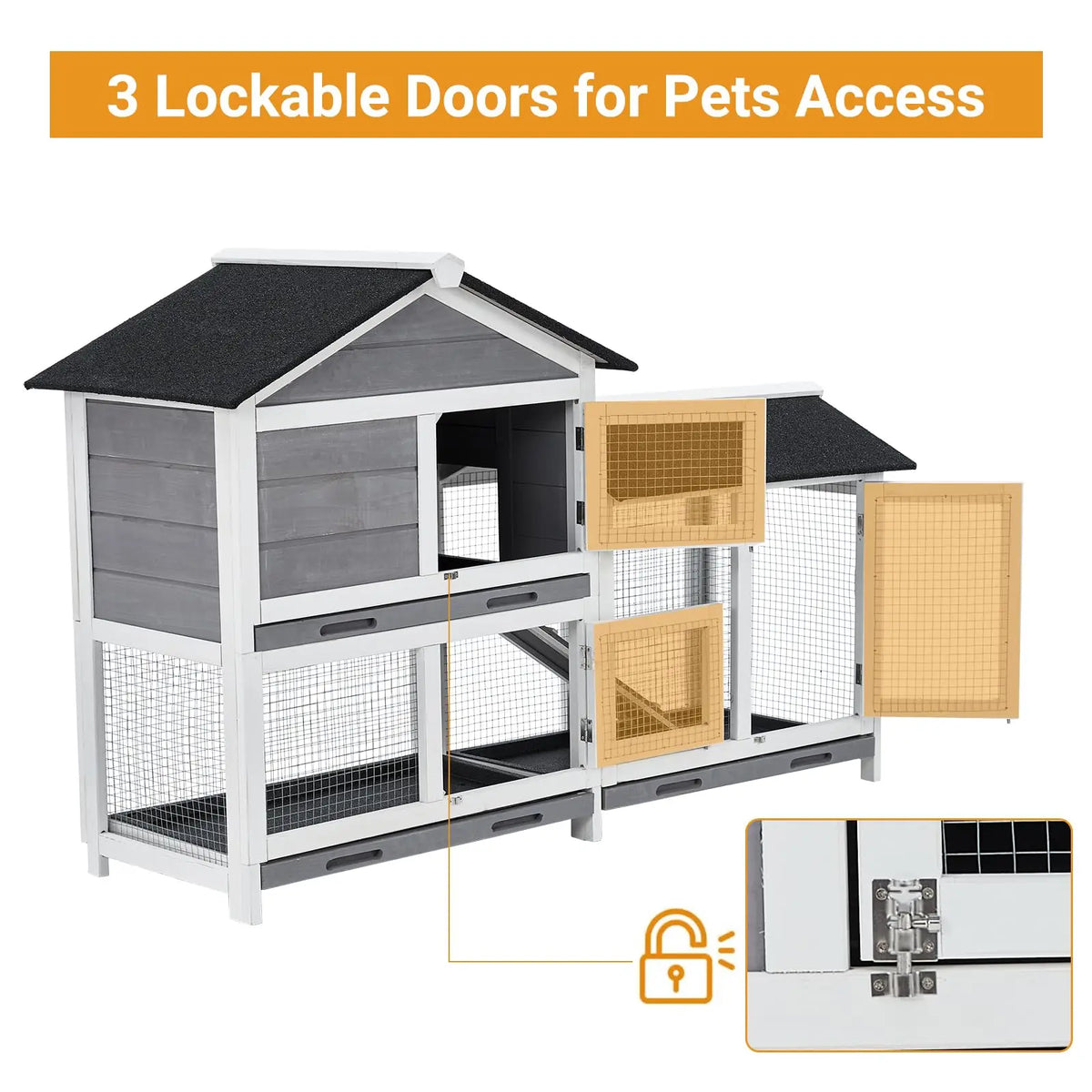 63in Bunny Hutch Indoor, Wooden Rabbit Cage 2-Tier With 3 Removable Trays, Waterproof Roof - Outdoor Coop