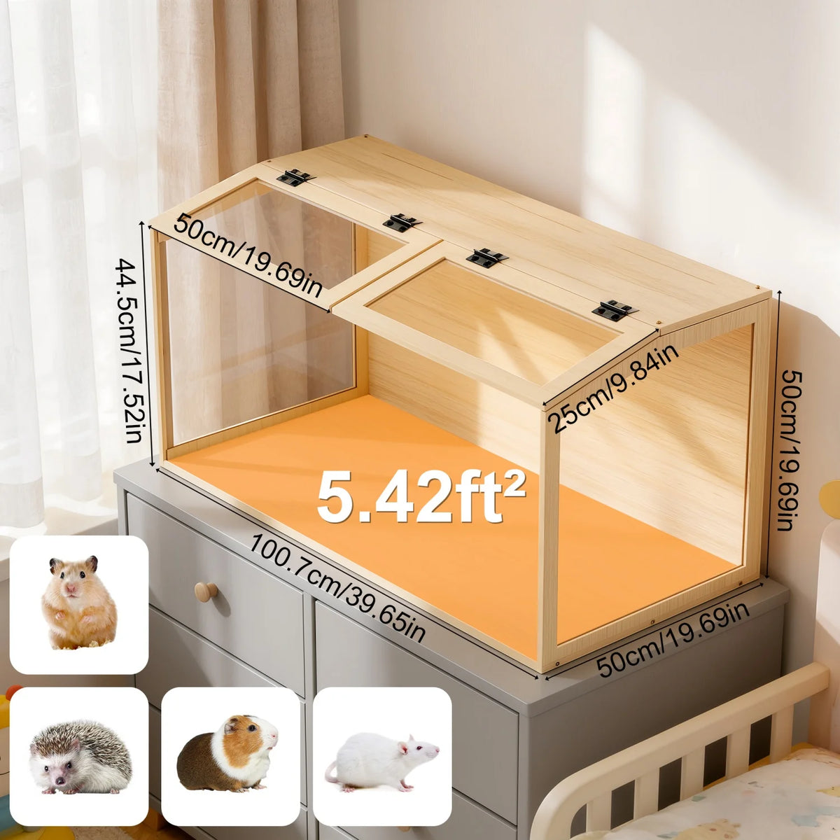 Chewproof Wooden Cage Habitat House Tempered Glass Panels Built-in LED Light for Small Pets