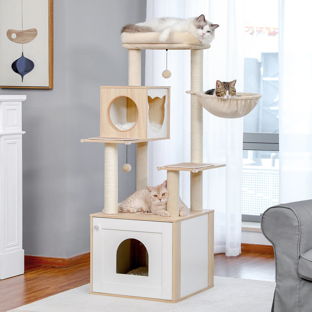 Wood Multi-Level Cat Tree Tower with Scratching Posts