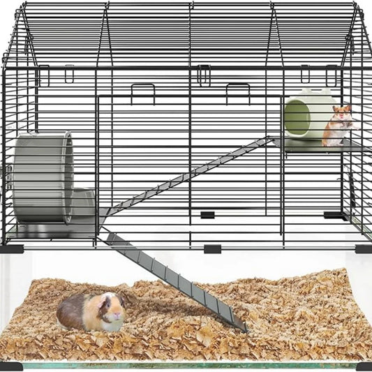 3 Tiers Large Hamster Enclosure, Metal Enclosure + Glass Gerbil Cage, Small Animal Cage