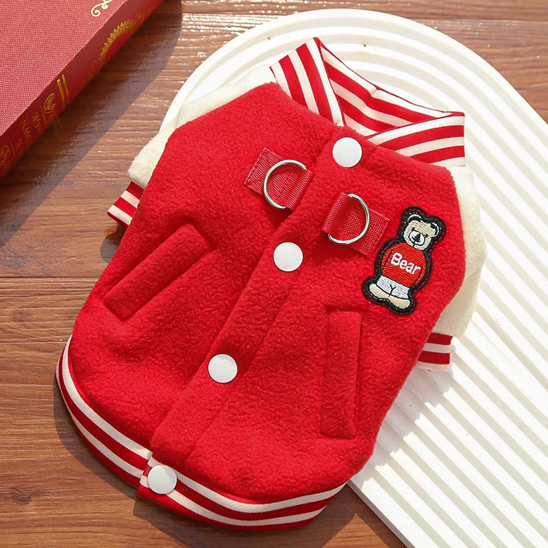 Baseball Style Dog Jacket, Cozy Fleece Puppy Coat with Snap Button Design