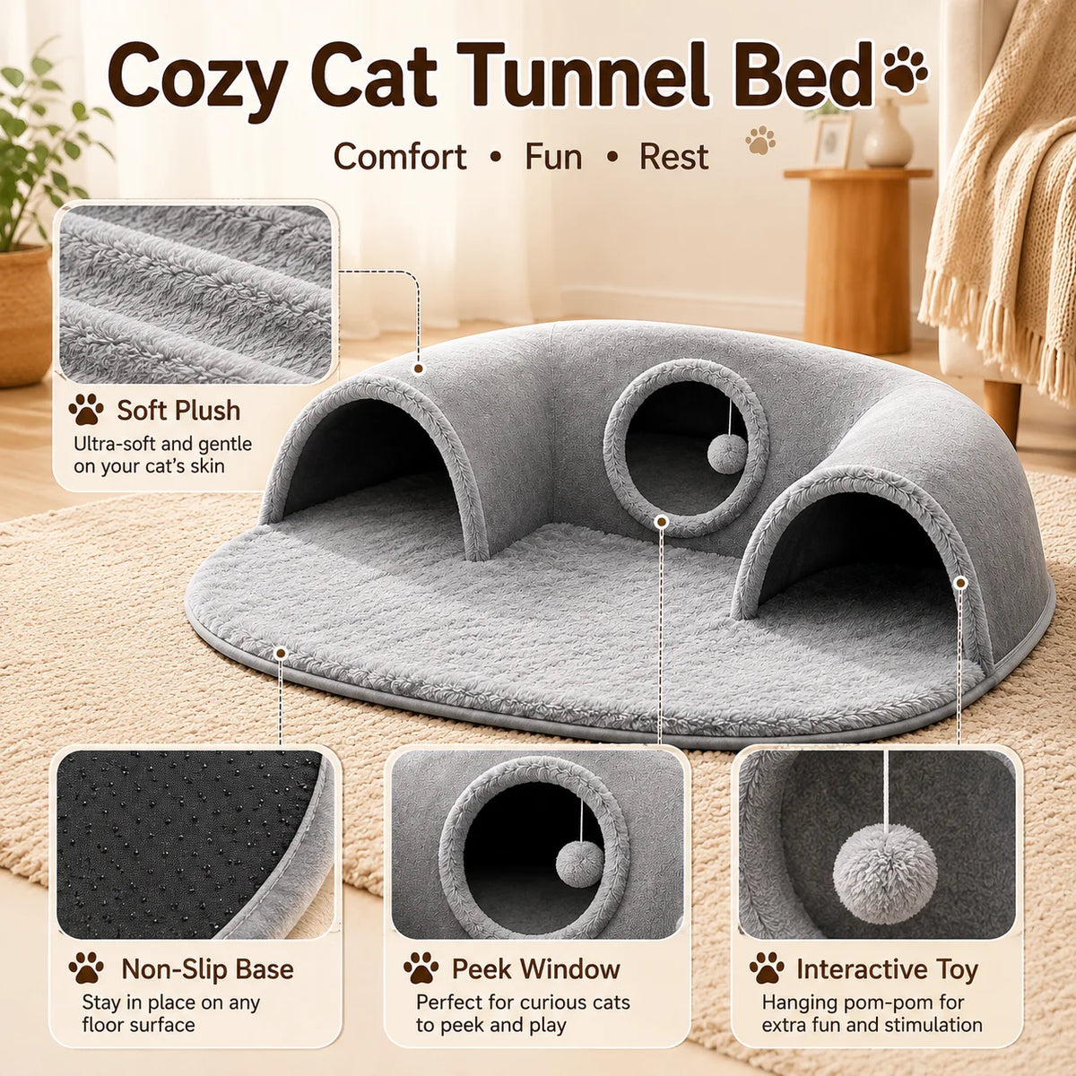 Multifunctional U-shaped Cat Tunnel Bed—A Detachable, Washable Plush Tunnel; Suitable for Home, Indoor, and balcony Use.