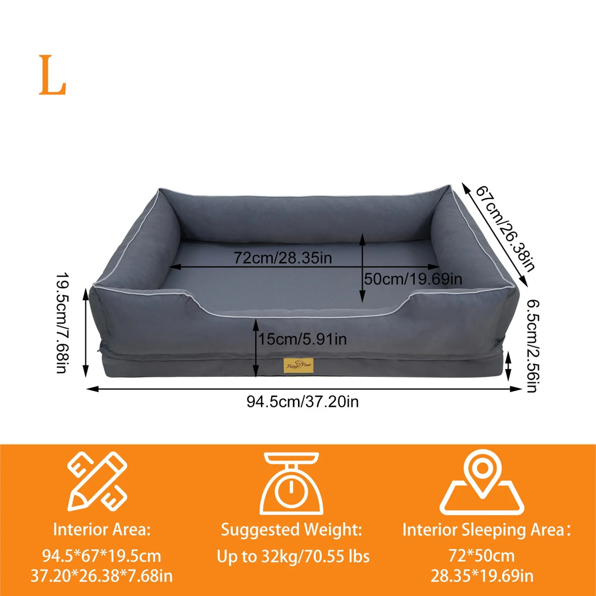 Orthopedic Dog Beds -Dark Grey Pet Sofa Cushion with Removable Machine Washable Cover Foam Base