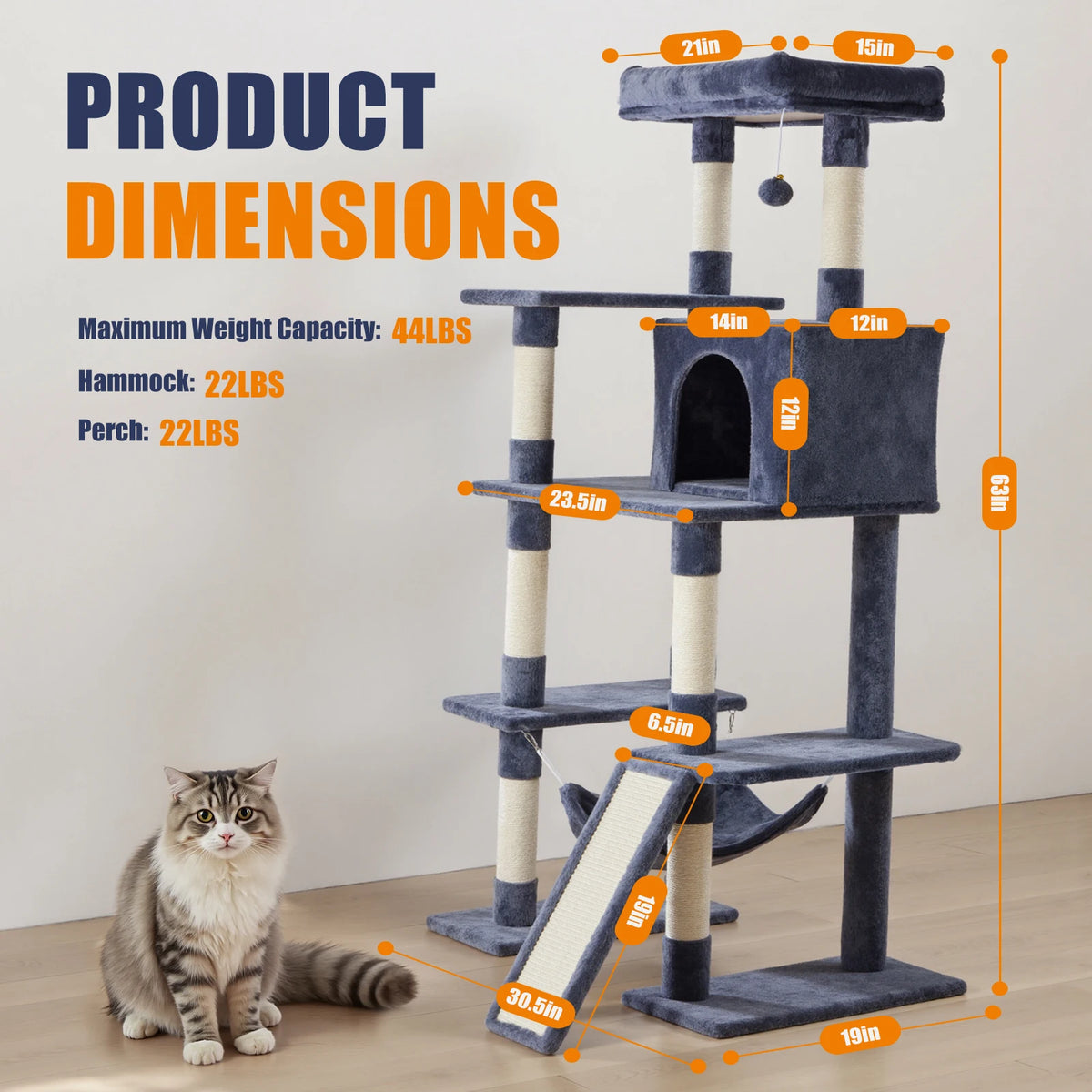 63IN Cat Tree Tower - Natural Scratching Posts -  Climbing Tower with Condo