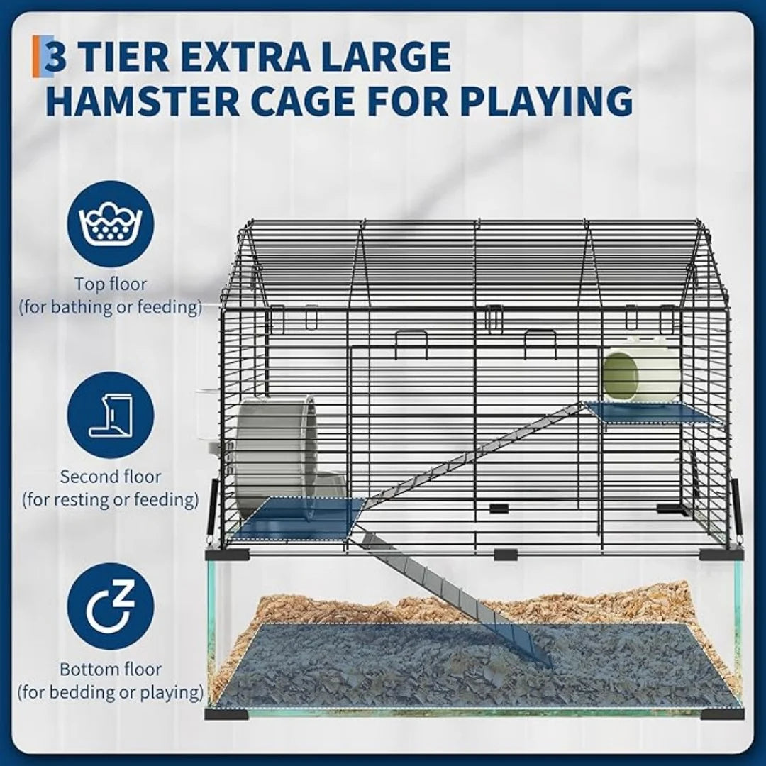 3 Tiers Large Hamster Enclosure, Metal Enclosure + Glass Gerbil Cage, Small Animal Cage
