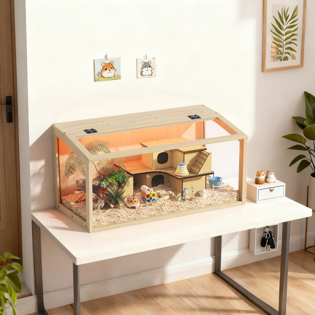 Chewproof Wooden Cage Habitat House Tempered Glass Panels Built-in LED Light for Small Pets