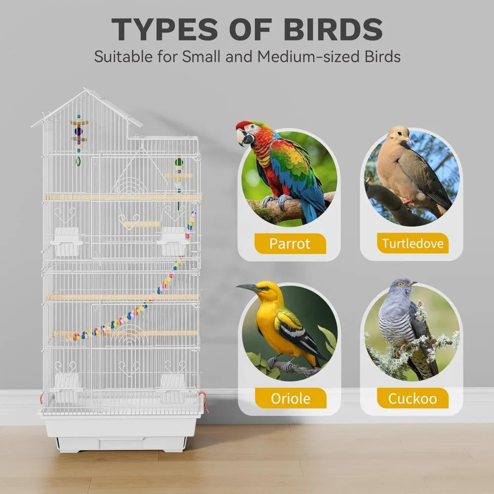 62-inch Metal Bird Cage with Roof Access and Rolling Stand, White