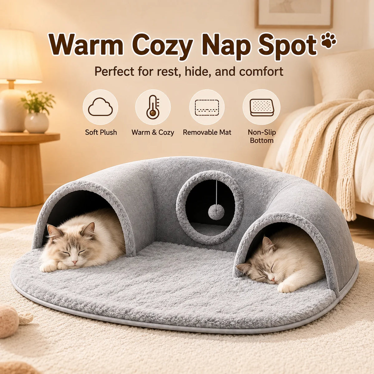 Multifunctional U-shaped Cat Tunnel Bed—A Detachable, Washable Plush Tunnel; Suitable for Home, Indoor, and balcony Use.