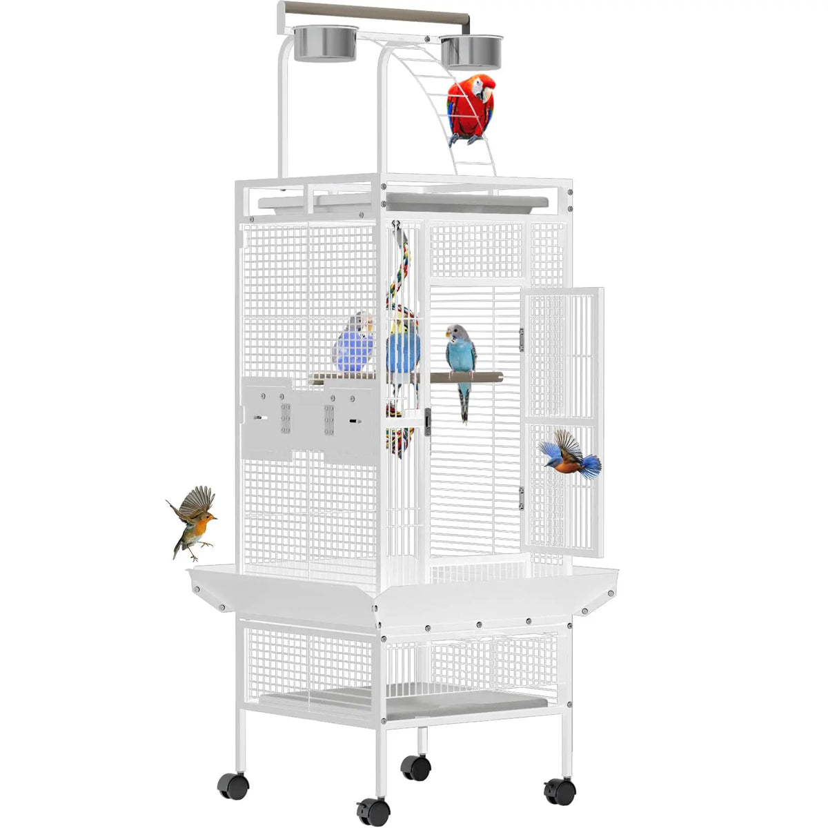 60 In. Wrought Iron Bird Cage with Play Top & Rolling Stand - 4 Stainless Steel Bowls, Secure Lock, Easy-Clean Tray - Spacious Metal Cage