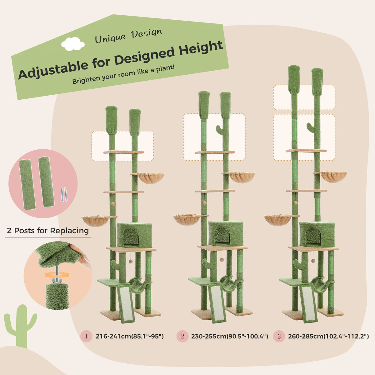 Cactus Cat Tree - Floor to Ceiling Tower 7 Tiers Cat Climbing Tree - 5 Platforms Scratching Posts