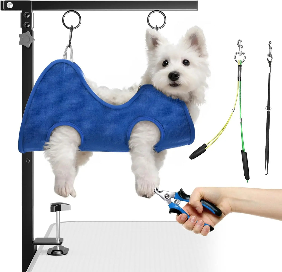 Dog Grooming Hammock with Table Clamp Grooming Arm, Adjustable Height Sling for 5‑22lbs Nail Trimming