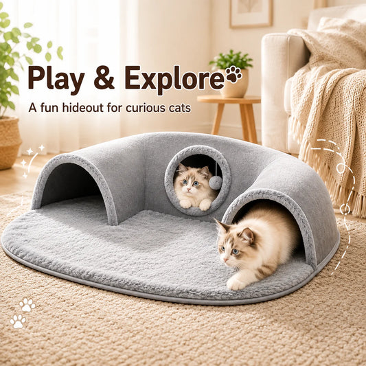 Multifunctional U-shaped Cat Tunnel Bed—A Detachable, Washable Plush Tunnel; Suitable for Home, Indoor, and balcony Use.