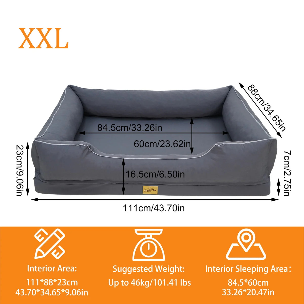 Orthopedic Dog Beds -Dark Grey Pet Sofa Cushion with Removable Machine Washable Cover Foam Base