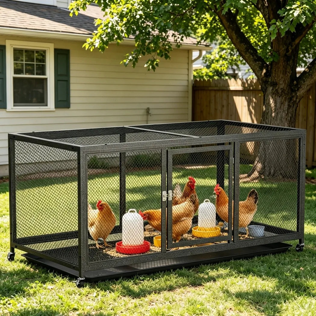 Heavy Duty Metal Cage with Tray Waterproof Cover on Wheels
