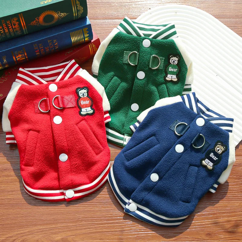 Baseball Style Dog Jacket, Cozy Fleece Puppy Coat with Snap Button Design