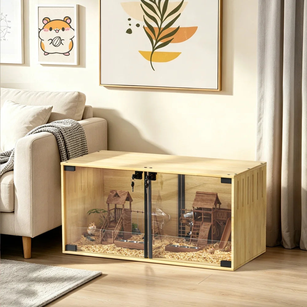 Wooden Small Animal Habitat Cage with Dual Doors Lock Removable Divider Enclosure