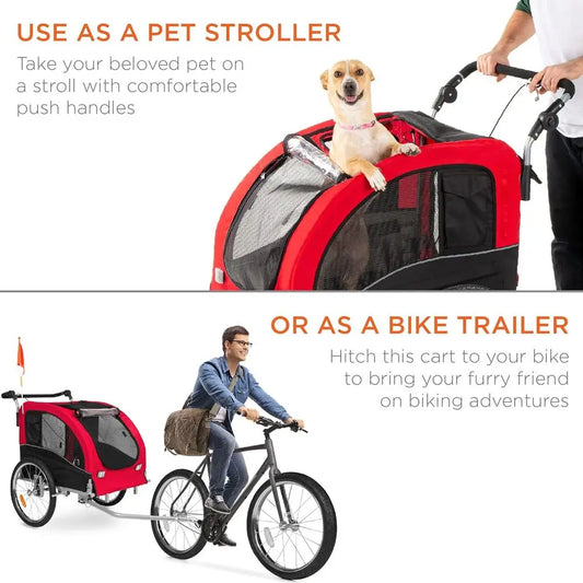 2-in-1 Dog Bike Trailer, Pet Stroller Cycle Carrier w/Hitch, Suspension, Visibility lag and Relect, 66lb