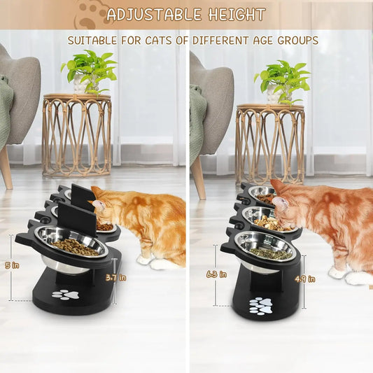 Elevated, Raised Cat Food Bowls For Indoor Cats, Adjustable Heights  With Black Shelf, 3 Stainless Steel Elevated Cat Bowls With 15°Tilted