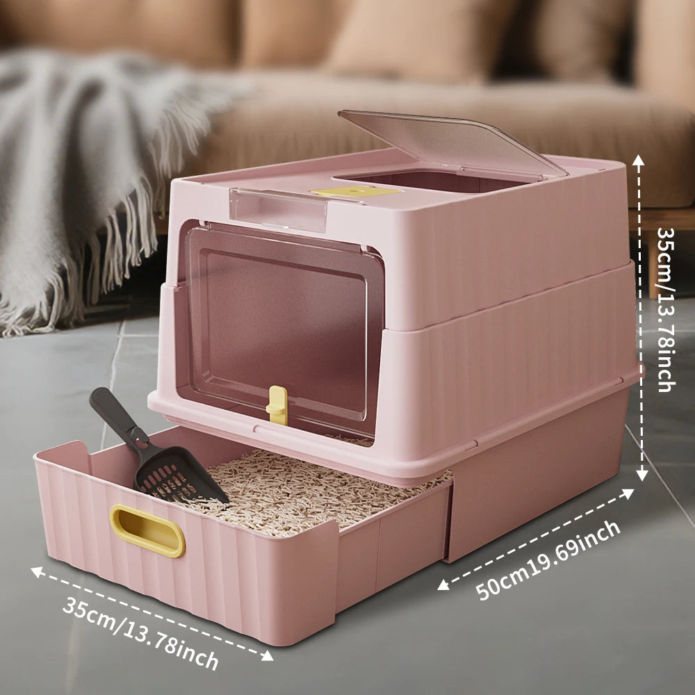 Large Cat Litter Box With Pull-Out Drawer, Fully Covered For Privacy & Odor Control, Front Entry & Top Exit, Leak-Resistant And Easy-Clean Tray