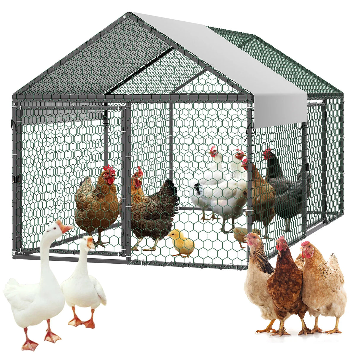 SucceBuy Metal Chicken Coop with Waterproof Cover & Doors