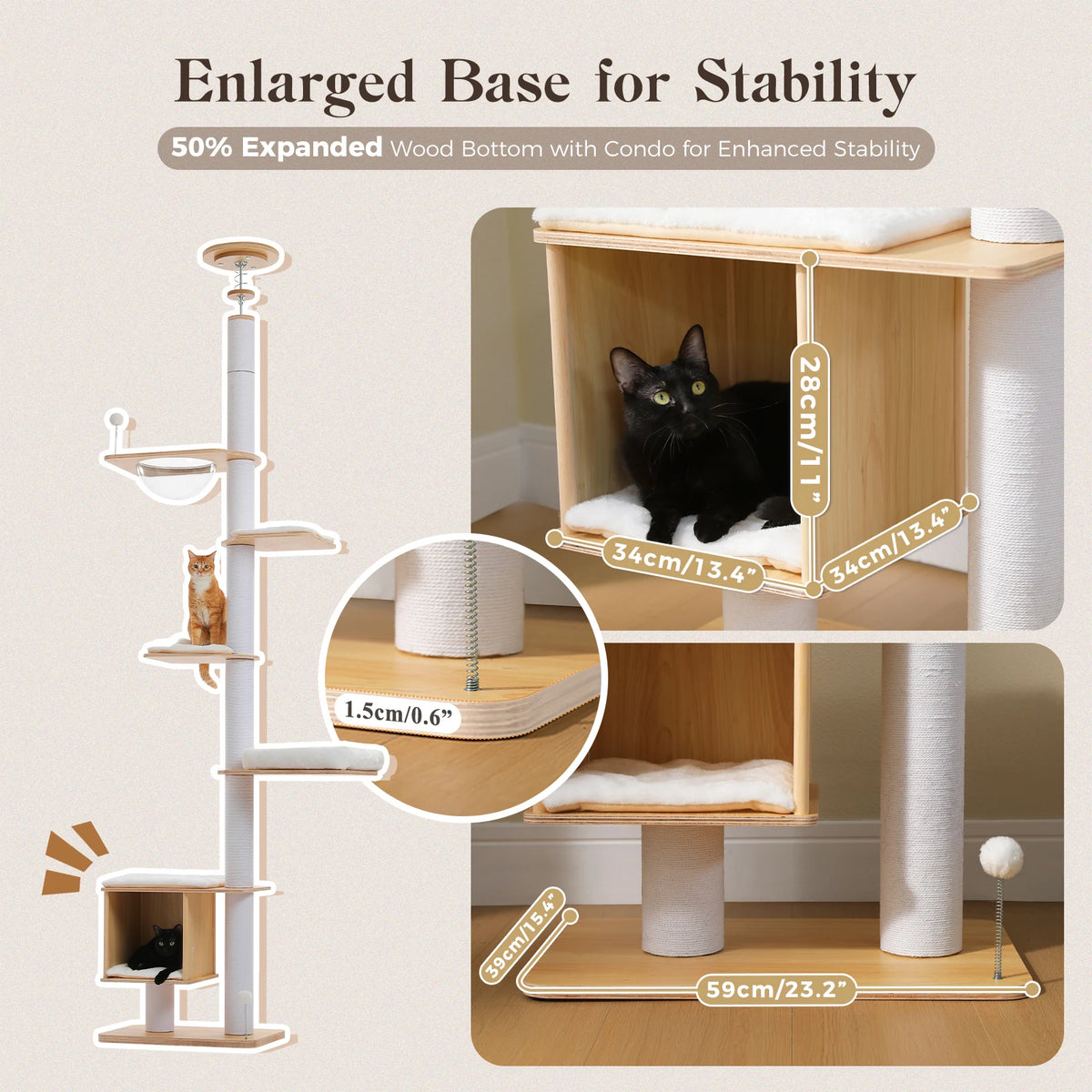 Floor to Ceiling Tree for Indoor Height Adjustable Cat Tower with Sisal Scratching Posts - Washable Mats