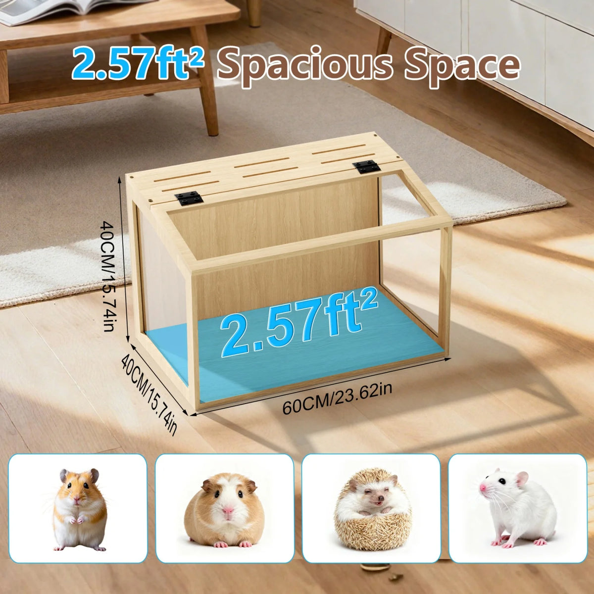 Chewproof Wooden Cage Habitat House Tempered Glass Panels Built-in LED Light for Small Pets