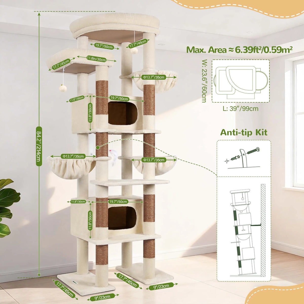 Globlazer 84" Floor to Ceiling Cat Tree Tower for Multiple Large Cats Adjustable Multi-Level Climbing Activity Center