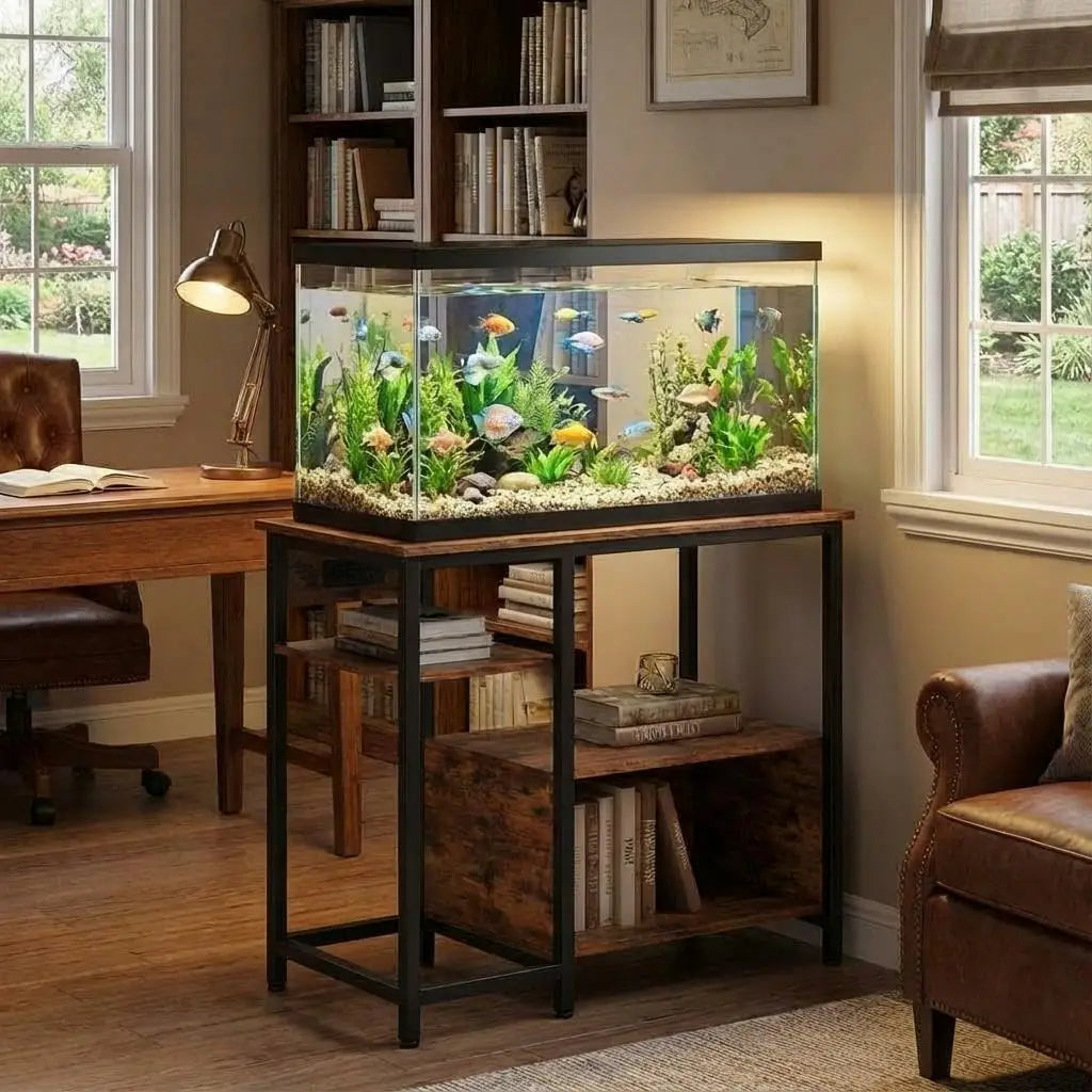 40-50 Gallon Aquarium Stand with Power Outlets – Heavy-Duty Metal & Wood Fish Tank Stand, 4-Tier Open Storage Shelves - 36.6" × 18.9" × 30.7"