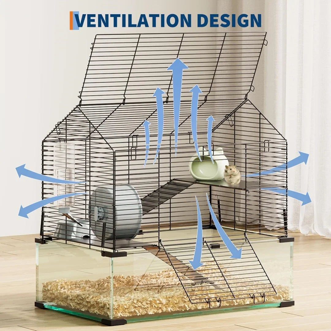 3 Tiers Large Hamster Enclosure, Metal Enclosure + Glass Gerbil Cage, Small Animal Cage