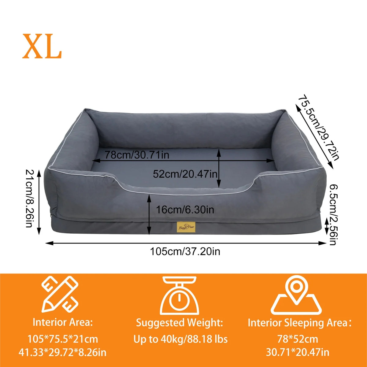 Orthopedic Dog Beds -Dark Grey Pet Sofa Cushion with Removable Machine Washable Cover Foam Base