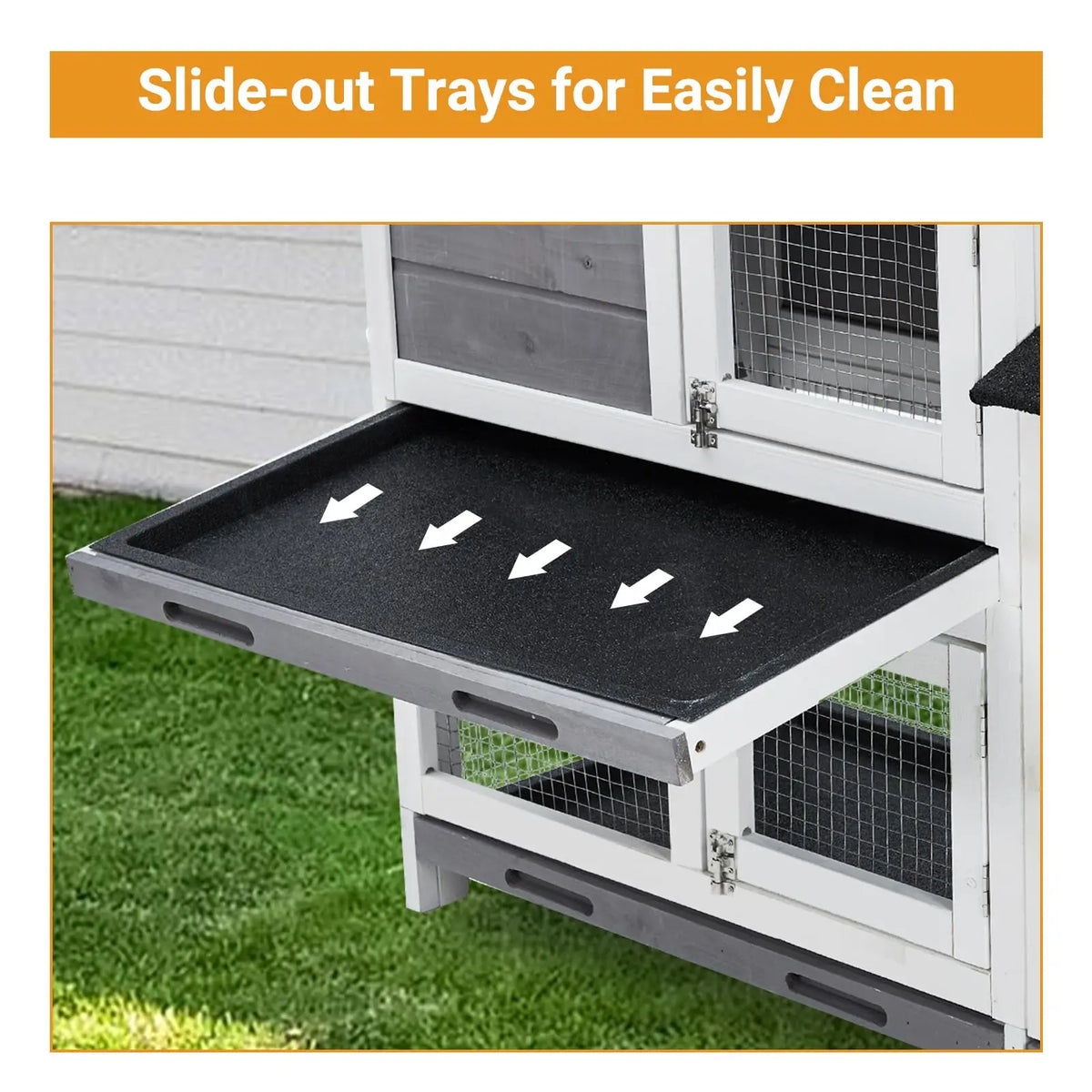 63in Bunny Hutch Indoor, Wooden Rabbit Cage 2-Tier With 3 Removable Trays, Waterproof Roof - Outdoor Coop