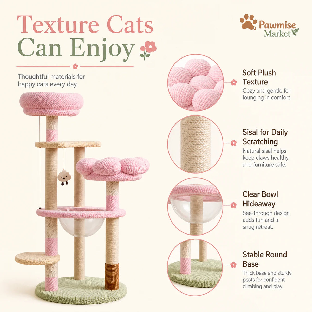 Pink Flower Cat Tree for Indoor Cats, 51.18-Inch Multi-Level Cat Tower with Soft Plush Perches