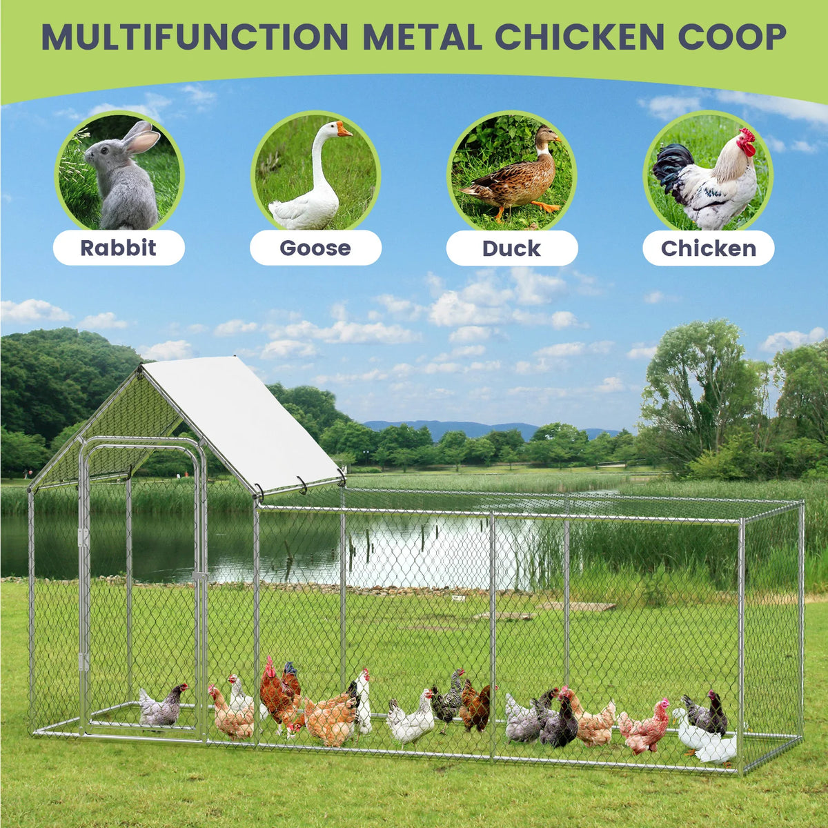 Large Metal Chicken Coop, with Waterproof and Anti-UV Cover, Walk-in Chicken House for 8/10 Chickens, Rabbits Duck Outdoor Farm Yard