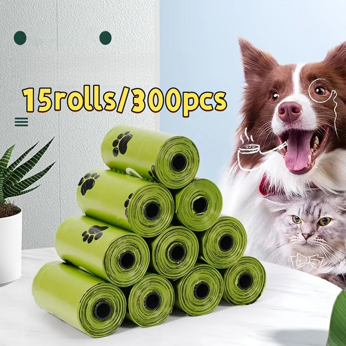 15 Rolls / 300 Pet Waste Bags – Thick, Leak-Proof Dog & Cat Poop Bags