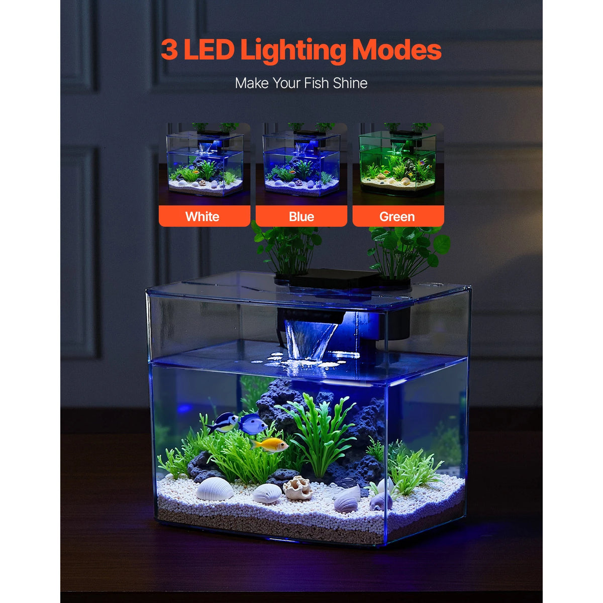VEVOR Fish Tank Aquarium 3.5Gal Arch Ultra-Clear - Adjustable 3 Color Lighting for Freshwater Fish