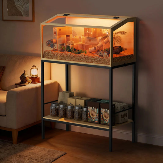 Chewproof Wooden Cage Habitat House Tempered Glass Panels Built-in LED Light for Small Pets