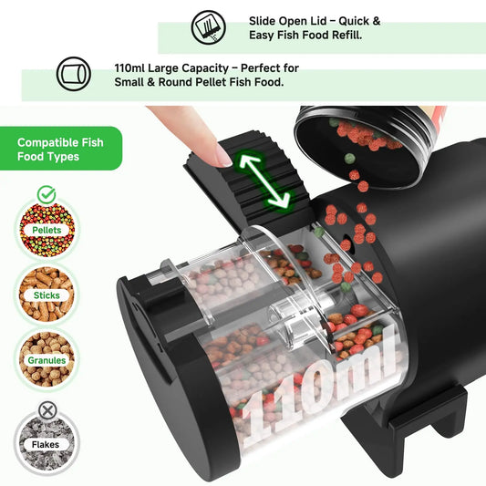 Automatic Fish Feeder for Aquarium with 12H/24H/48H Timer, 3.72oz Large Capacity Auto/Manual Feeding Modes