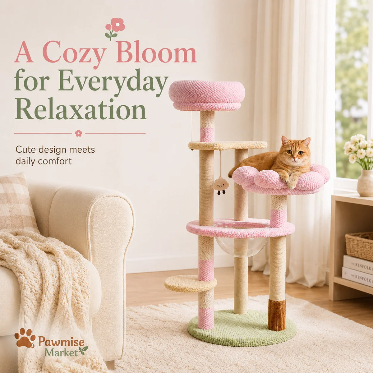 Pink Flower Cat Tree for Indoor Cats, 51.18-Inch Multi-Level Cat Tower with Soft Plush Perches